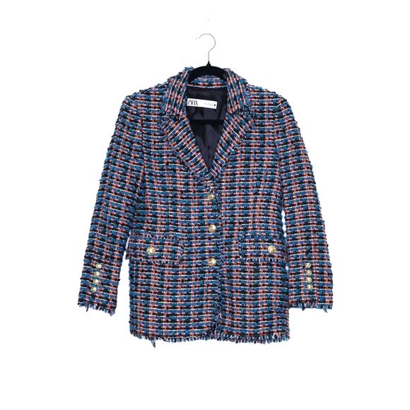 ZARA Tweed Textured Fitted Blazer Multicolor Frayed Trim Gold Button Women's XS - Picture 1 of 14